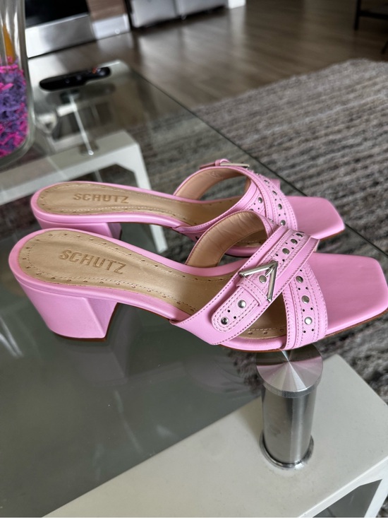 SCHUTZ Shoes - Schutz Pink Leather Block Heel Slide Sandals
